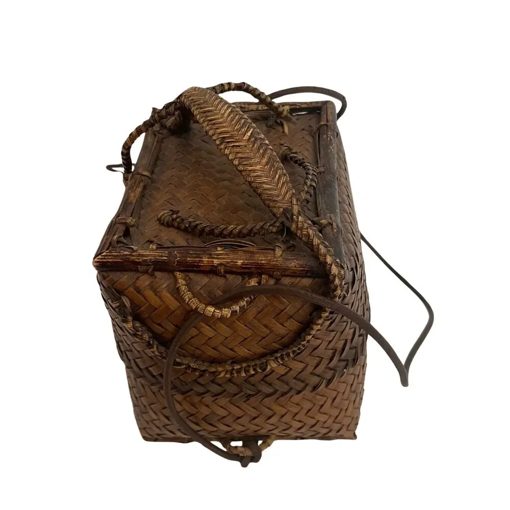 VTG Japanese Bamboo Ikebana Woven Wave Lidded Basket Purse Square Bag